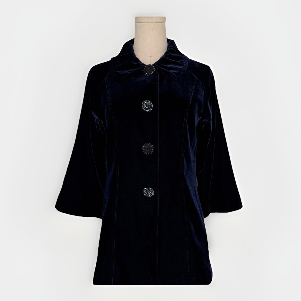 Lilly Midnight Blue Velvet Jacket Sz S Embellished Buttons Bell Sleeve Romantic - Picture 2 of 10